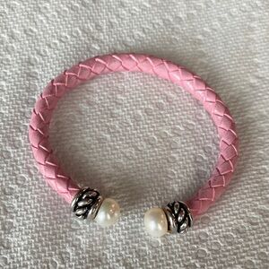 Pink Braided Leather Pearl-Accent Cuff Bracelet